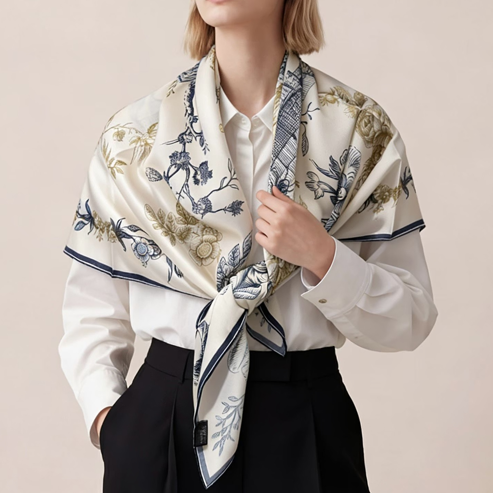 Shawl Wrap Winter - [BYSIFA] Blue White 100% Silk Scarf