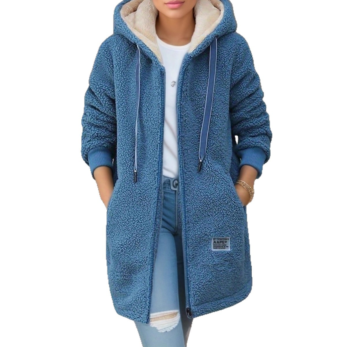 Sherpa Hoodie Fleece - Thick Fleece Mid Length Jacket Embroidered