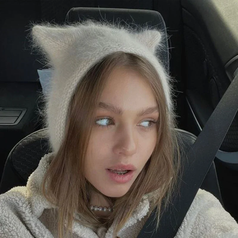 Fluffy Cat Ear Knit Hats Women - Knit Beanie Hat Warm 리뷰 및 가격
