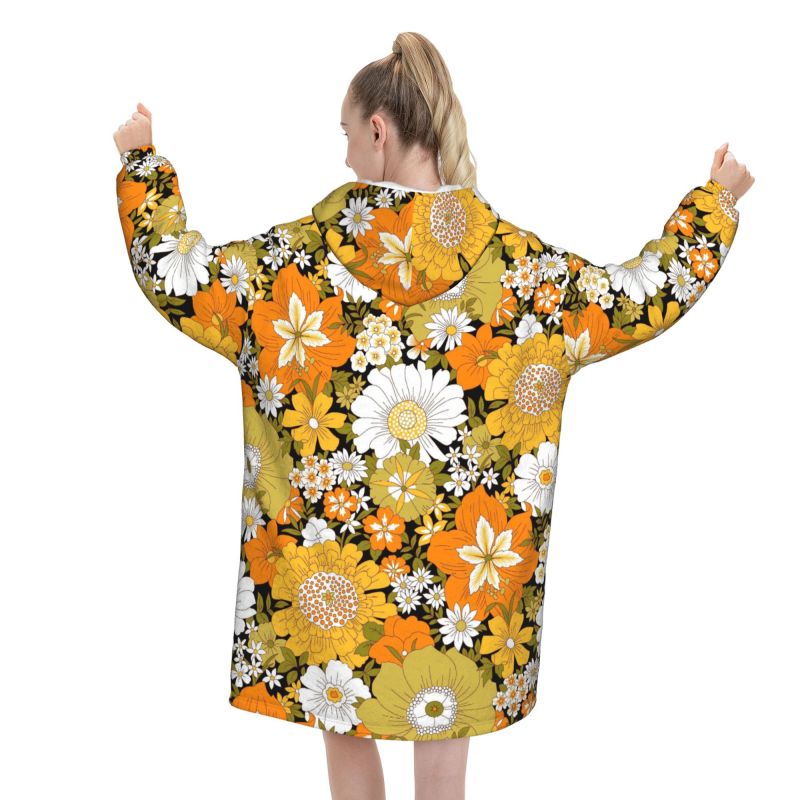Hippie Flower Floral Retro Bla - Sherpa Hoodie Fleece 리뷰 및 가격